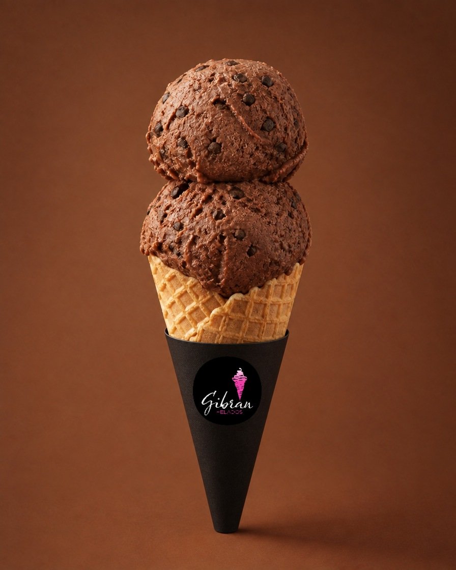 Cono de helado Cacao Crocante de Helados Gibran, CDMX. Desde $30 MXN la bola (2 bolas $50 MXN); litro $250 MXN (0.5 L $150, 4 L $950). Versión sin azúcar bajo pedido, endulzada con miel o fruta.
