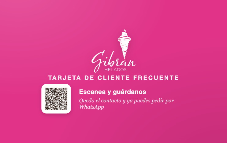 Frente rosa de la tarjeta de cliente frecuente Helados Gibran con código QR